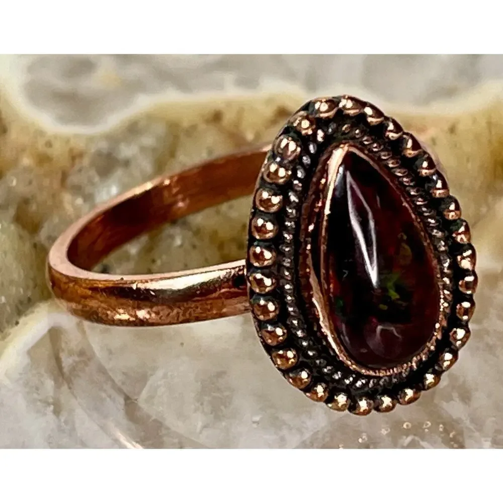 Southwestern Copper Aurora Opal Teardrop Ring Handmade Adjustable Size NEW